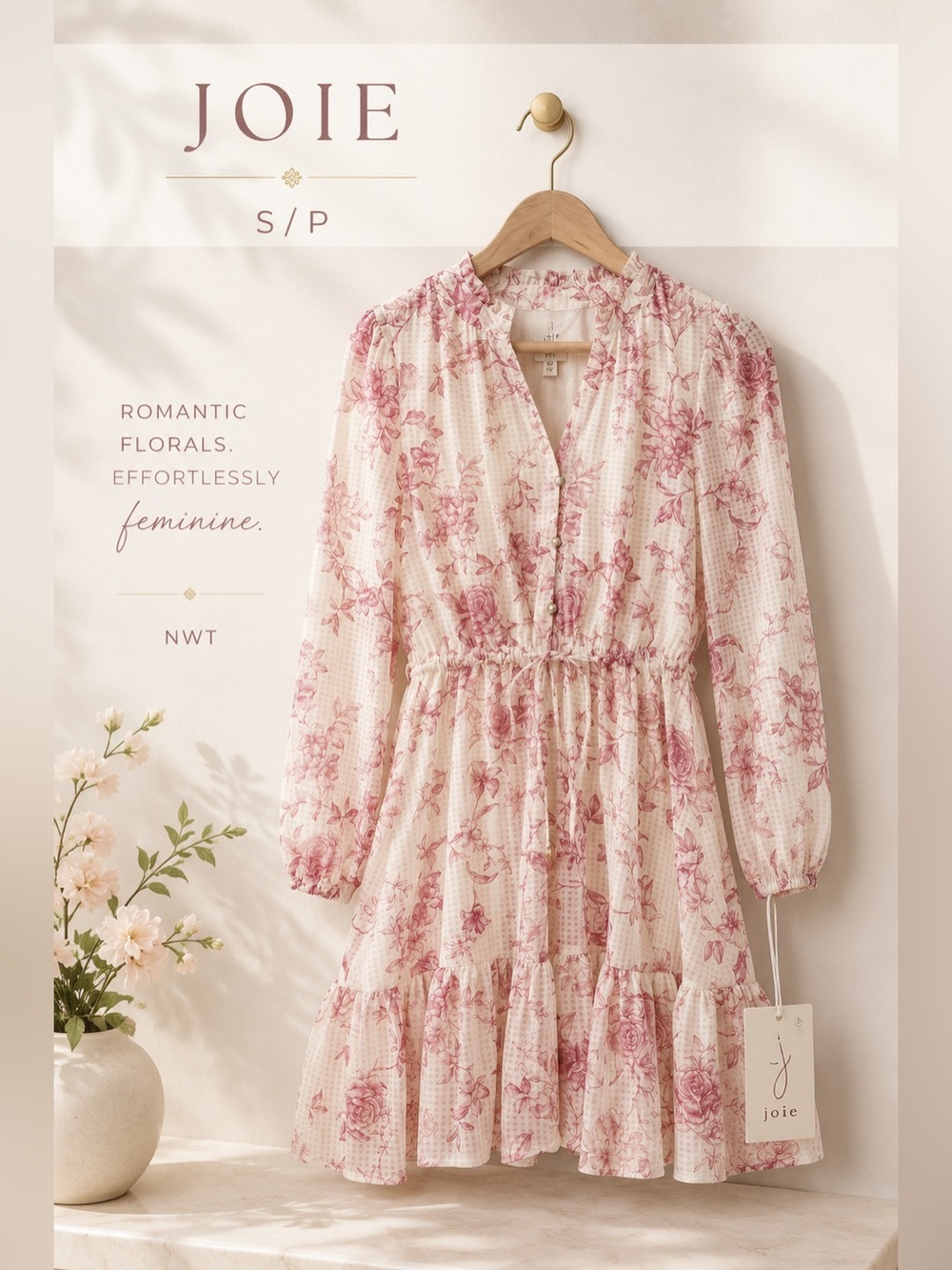 Joie Pink Floral Print Smocked Waist Mini Dress S/P NWT